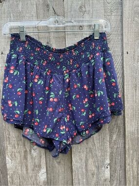Lucca Cherry Print Smocked Flowy Shorts Skort Style Navy Blue Size Small